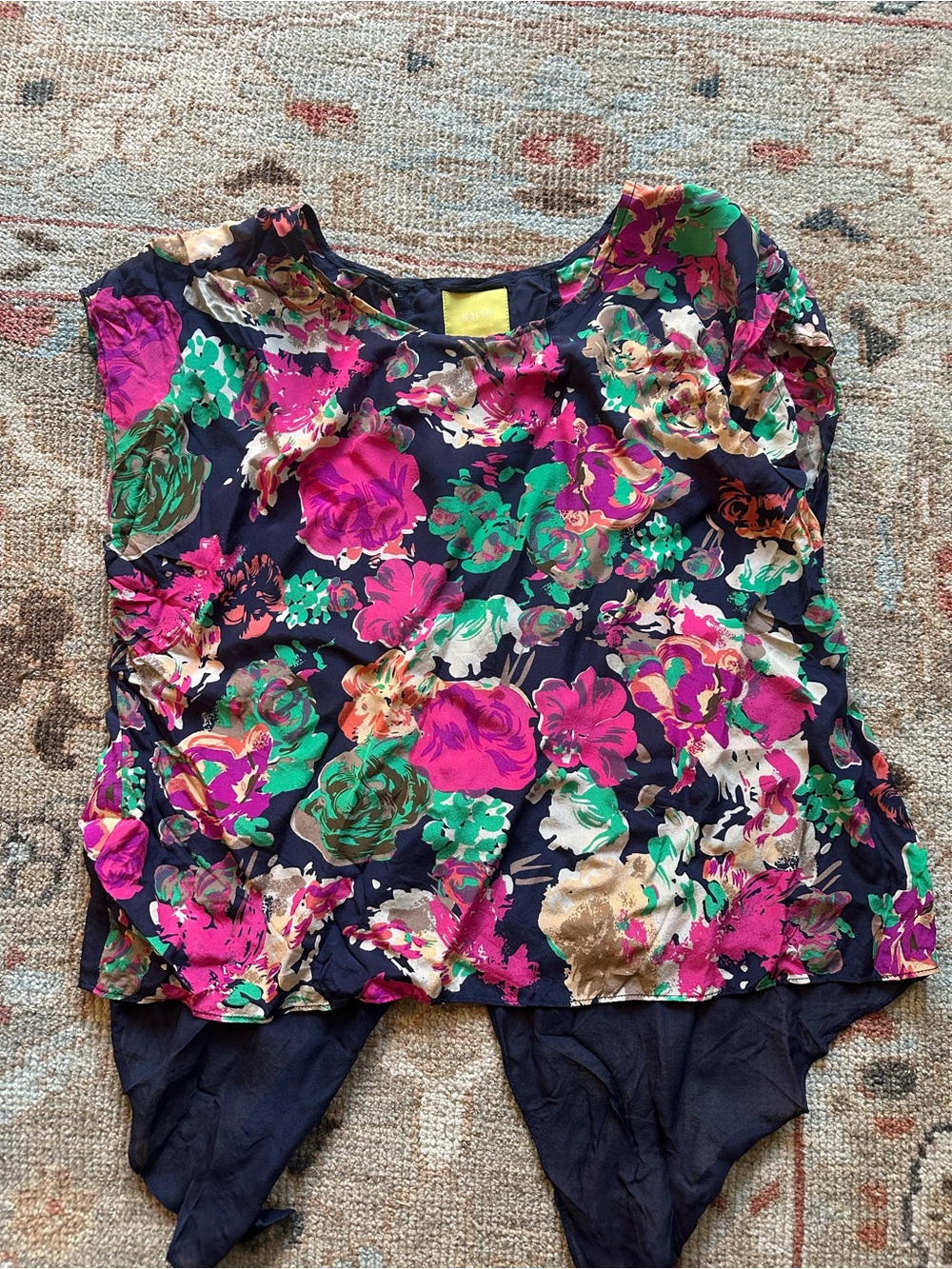 Anthropologie Maeve Navy Floral Blouse with Bright Pink, Green  - 100% SILK